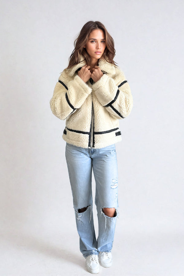 Alta Faux Fur Biker Jacket | Crème | Priv  prem.    prem. clothing boutique Chatham, Ontario, Canada