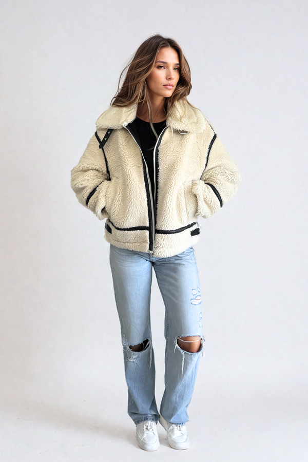 Alta Faux Fur Biker Jacket | Crème | Priv  prem. Small   prem. clothing boutique Chatham, Ontario, Canada