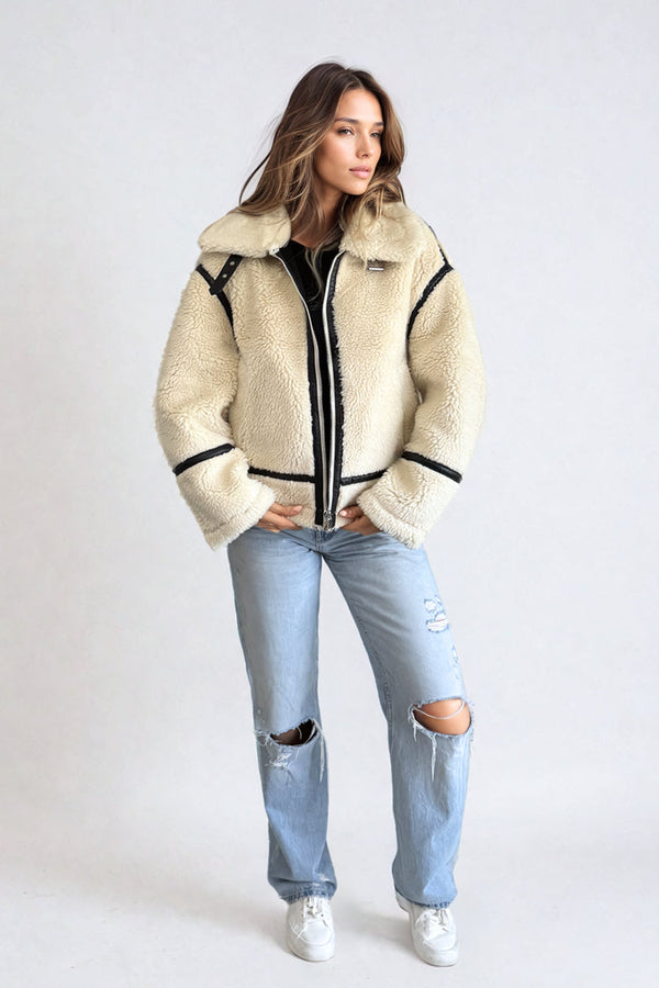 Alta Faux Fur Biker Jacket | Crème | Priv  prem.    prem. clothing boutique Chatham, Ontario, Canada