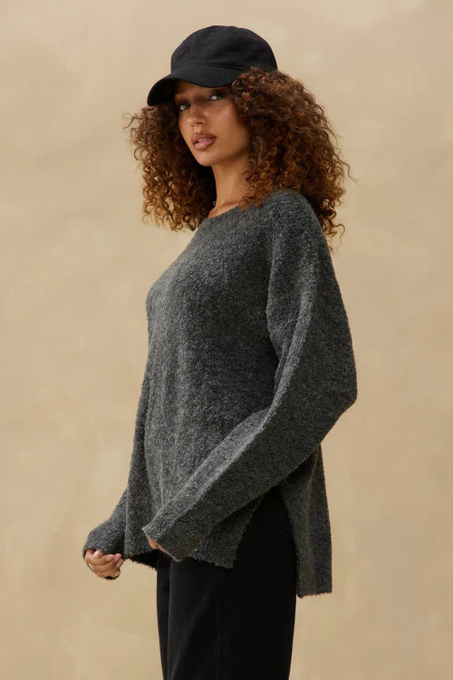 Boucle Boatneck Long Sleeve | Charcoal | Kuwalla prem. Medium/Large prem. clothing boutique Chatham, Ontario, Canada