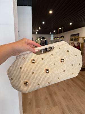 Mallory Studded Woven Clutch Handbag prem. prem. clothing boutique Chatham, Ontario, Canada