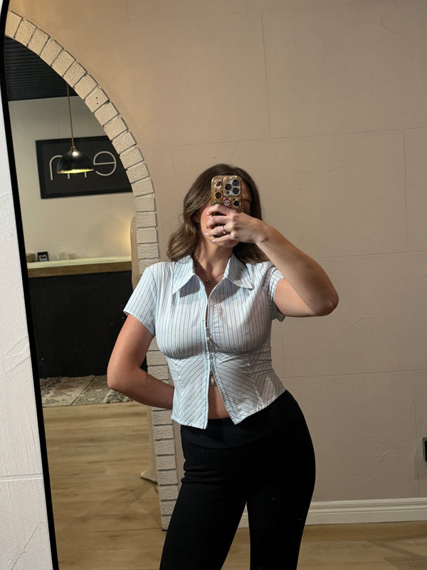 Sally Stripe Zip Collar Shirt Shirt prem. prem. clothing boutique Chatham, Ontario, Canada