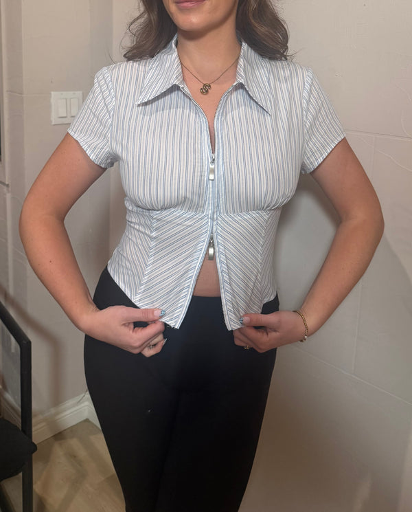 Sally Stripe Zip Collar Shirt Shirt prem. prem. clothing boutique Chatham, Ontario, Canada
