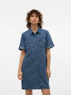 VMJennie Short Denim Dress - Vero Moda Dress prem. prem. clothing boutique Chatham, Ontario, Canada