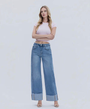 Olivia Wide Leg Cuffed Jean - Vervet Blue Denim Jeans prem. prem. clothing boutique Chatham, Ontario, Canada