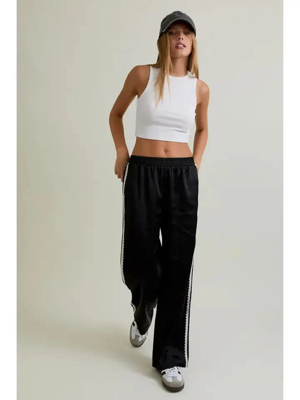 Satin Lace Trim Trousers - Le Lis Pants prem. prem. clothing boutique Chatham, Ontario, Canada