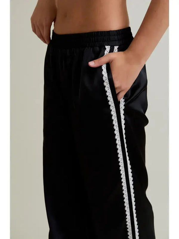 Satin Lace Trim Trousers - Le Lis Pants prem. prem. clothing boutique Chatham, Ontario, Canada