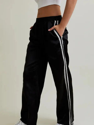 Satin Lace Trim Trousers - Le Lis Pants prem. prem. clothing boutique Chatham, Ontario, Canada
