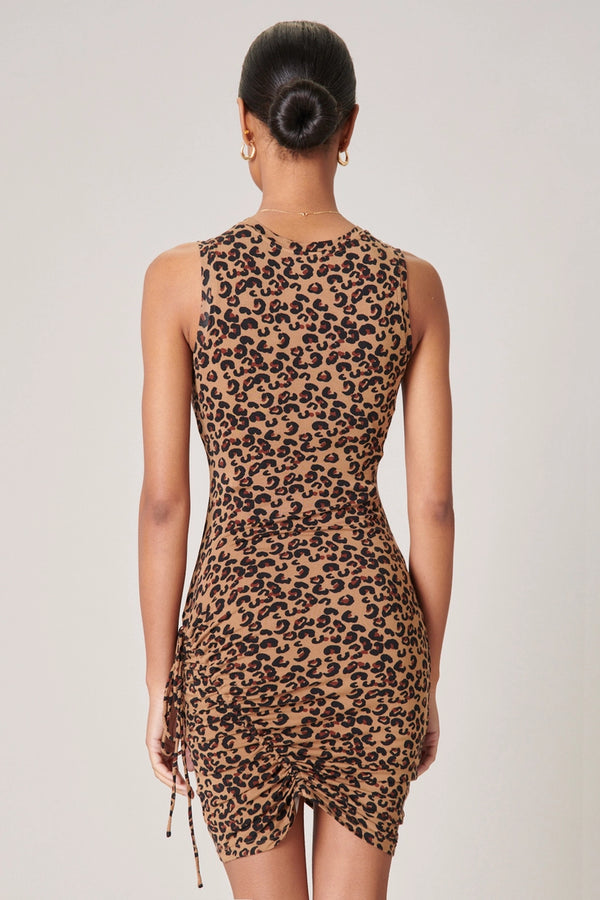 Zambia Ruched Jersey Dress | Leopard Dress Sugarlips    prem. clothing boutique Chatham, Ontario, Canada