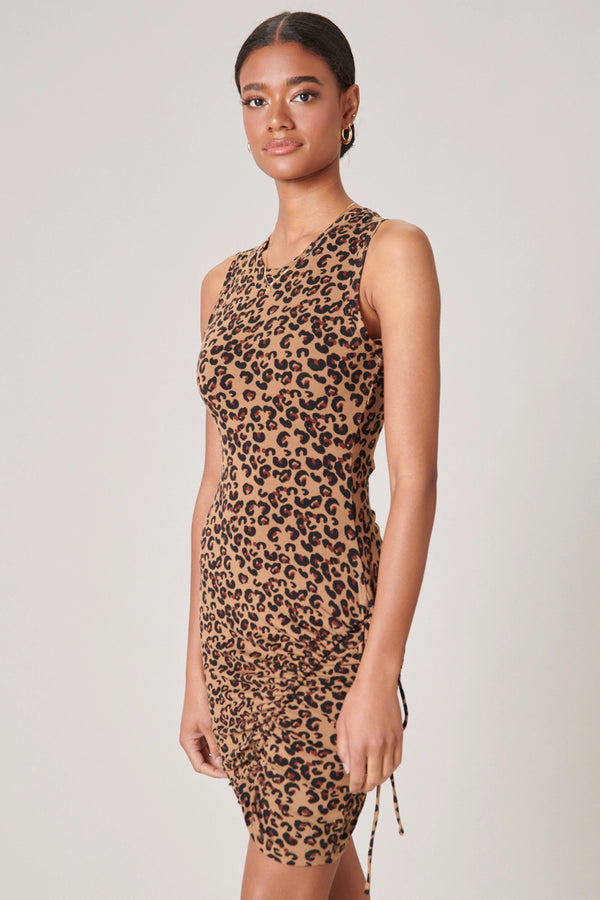 Zambia Ruched Jersey Dress | Leopard Dress Sugarlips X-Small   prem. clothing boutique Chatham, Ontario, Canada