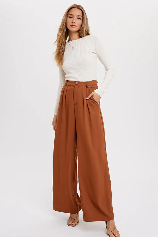 Pintuck Wide Leg Trousers | Hazelnut  Bluivy Small   prem. clothing boutique Chatham, Ontario, Canada